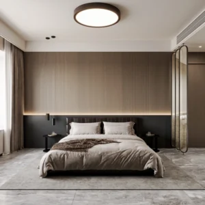 Modern slatted wood wall panels with LED backlight in bedroom